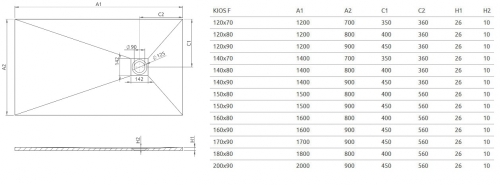Radaway Kios F 120x70 cm szögletes öntöttmárvány zuhanytálca, szürke KF1270-52