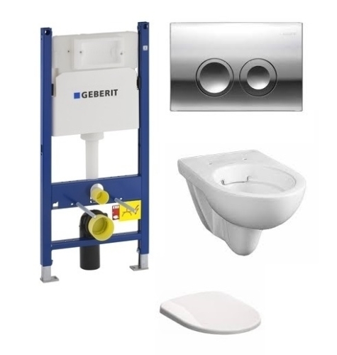 Geberit Duofix Basic 111.153.00.1 szerelő elem kompletten króm nyomólappal, Geberit 500.265.00.1 perem nélküli wc-vel, lassú záródású ülőkével
