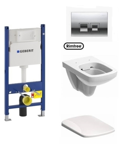 Geberit Duofix Basic 111.153.00.1 szerelő elem kompletten króm nyomólappal, Selnova Square 500.275.01.1 perem nélküli wc-vel, normál ülőkével