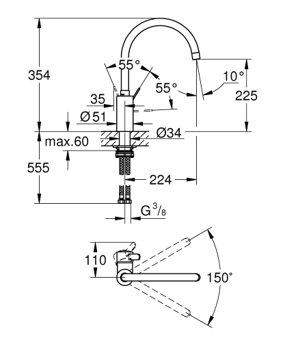 Grohe Eurosmart Cosmopolitan mosogató csaptelep, króm 32843002