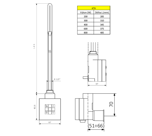 Sapho KTX WALL Elektromos termosztátos fűtőpatron, 300W, króm KTX-CW-300