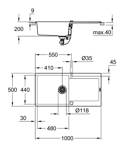 Grohe K500 50-C 100/50 1.0 Composite mosogató, gránit fekete 31645AP0