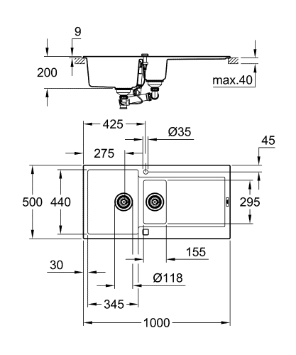 Grohe K500 60-C 100/50 1.5 Composite mosogató, gránit fekete 31646AP0