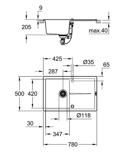 Grohe K400 50-C 78/50 1.0 Composite mosogató, gránit szürke 31639AT0