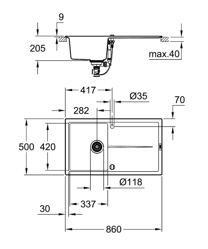 Grohe K400 50-C 86/50 1.0 Composite mosogató, gránit szürke 31640AT0