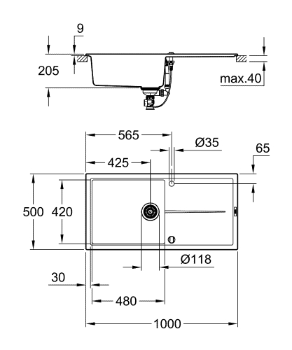 Grohe K400 60-C 100/50 1.0 Composite mosogató, gránit fekete 31641AP0