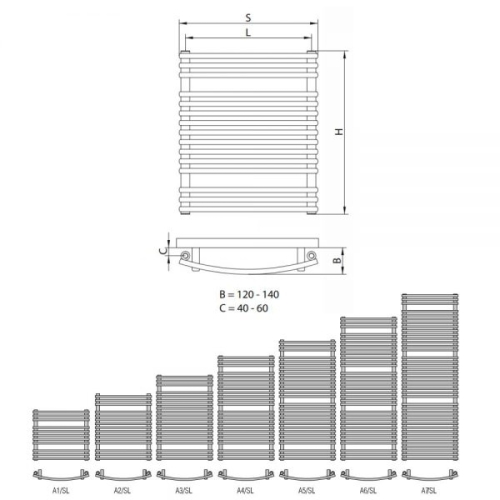 Radeco Sonia A1-500/SL D profilos íves törölközőszárítós csőradiátor (420 W, fehér, 496x550 mm)