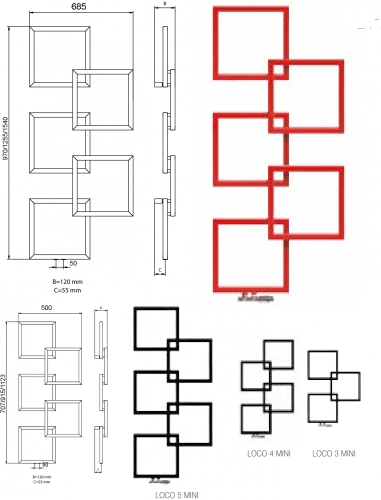 Radeco Loco 4 Mini design törölközőszárítós csőradiátor (340 W, színes, 915x500 mm)