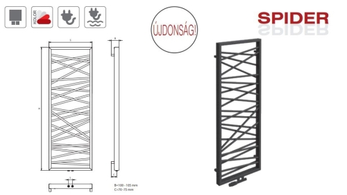 Radeco Spider1 design törölközőszárítós csőradiátor (1025 W, fekete, 1600x530 mm)