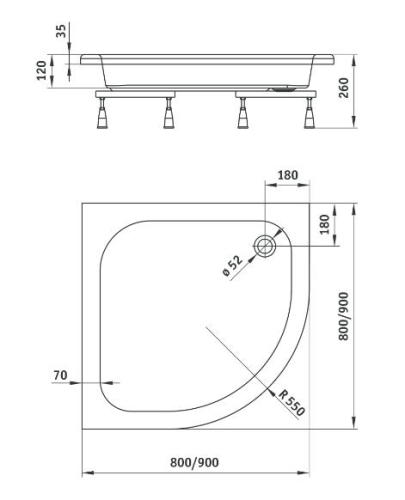 Deante Standard Plus II negyedköríves zuhanytálca 90x90 cm KTU 031B