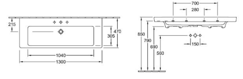 Villeroy & Boch Subway 2.0 130x47 cm mosdó, túlfolyó nélkül 7176 D1 01 (7176D101)