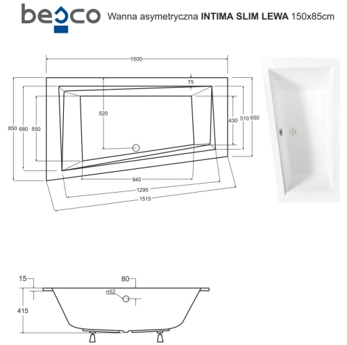Besco INTIMA SLIM 150x85 cm balos aszimmetrikus kád, fehér WAIT-150-SL