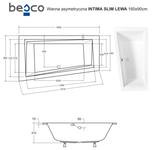 Besco INTIMA SLIM 160x90 cm jobbos aszimmetrikus kád, fehér WAIT-160-SL