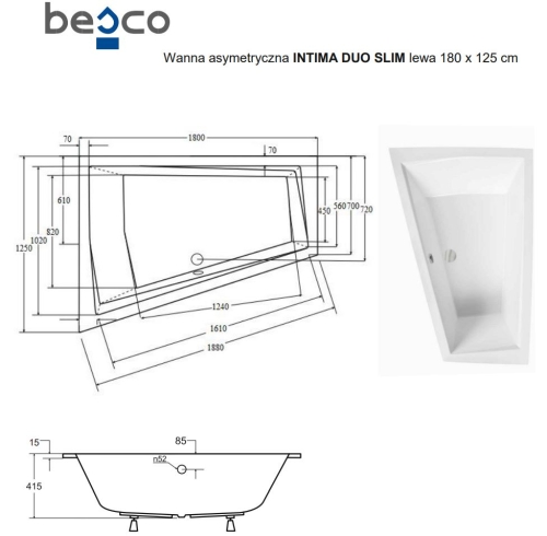 Besco INTIMA DUO SLIM 180x125 cm balos aszimmetrikus kád, fehér WAID-180-SL
