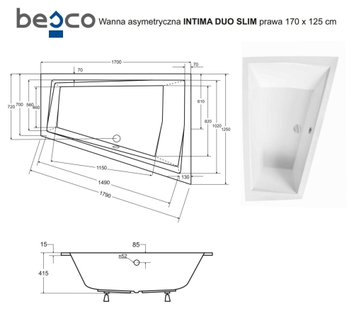 Besco INTIMA DUO SLIM 170x125 cm jobbos aszimmetrikus kád, fehér WAID-170-SP