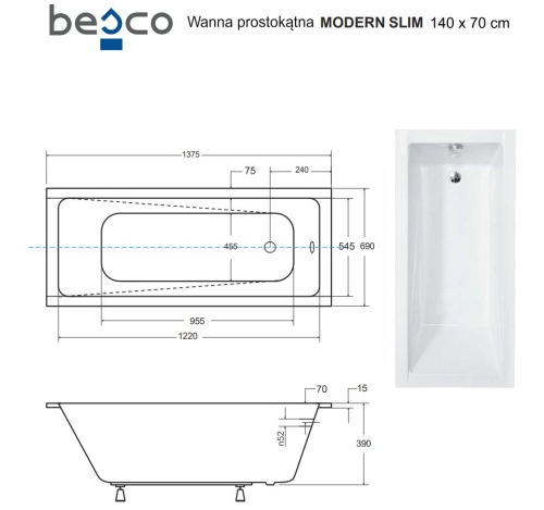 Besco MODERN SLIM 140x70 cm egyenes kád, fehér WAM-140-SL