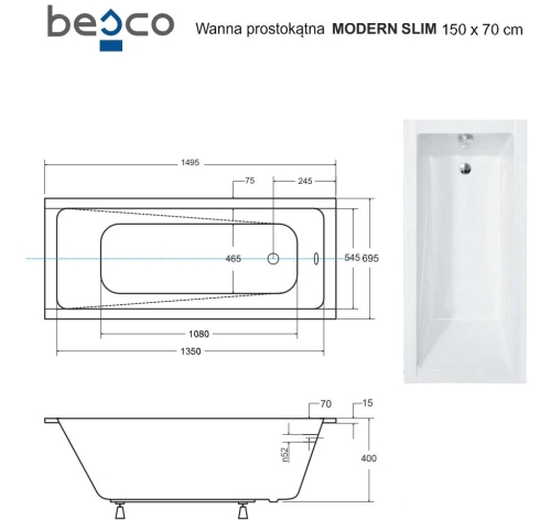 Besco MODERN SLIM 150x70 cm egyenes kád, fehér WAM-150-SL