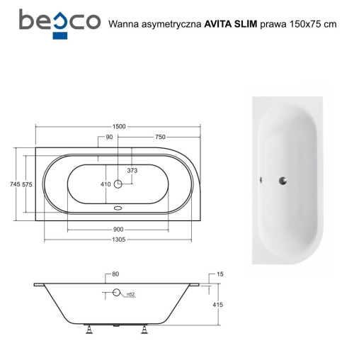 Besco AVITA SLIM 150x75 cm jobbos aszimmetrikus kád, fehér WAV-150-NPS
