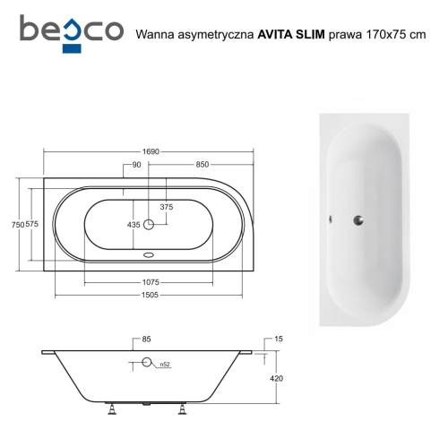 Besco AVITA SLIM 170x75 cm jobbos aszimmetrikus kád, fehér WAV-170-NPS