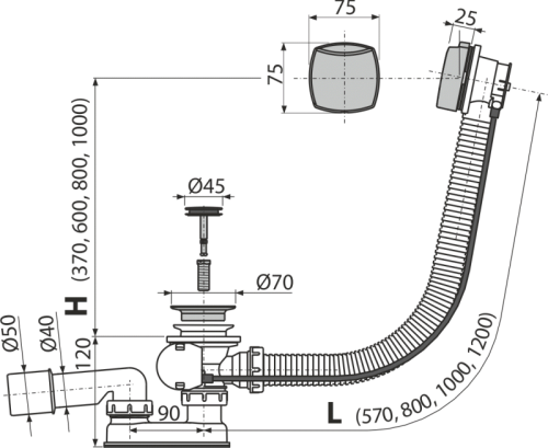 Alcaplast A553K 100 Automata kádszifon készlet, fém 1000 mm