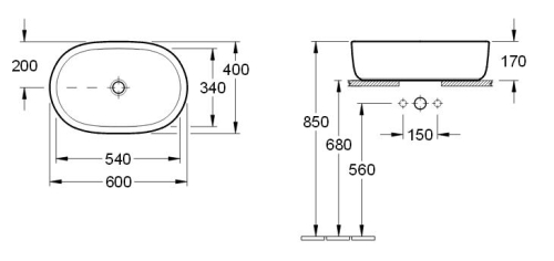 Villeroy and Boch Architectura 60x40 cm ráültethető mosdó, túlfolyóval CeramicPlus felülettel 412660R1