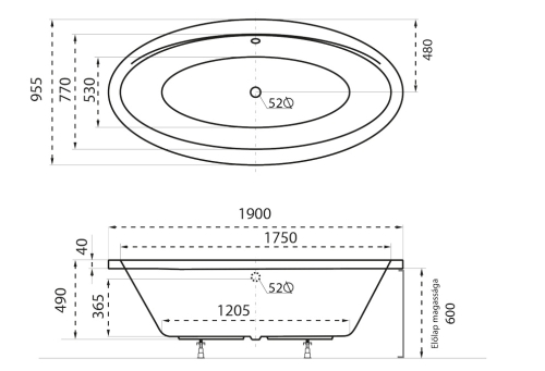 M-Acryl Oval 190x95 cm-es akril kád kádlábbal 12461