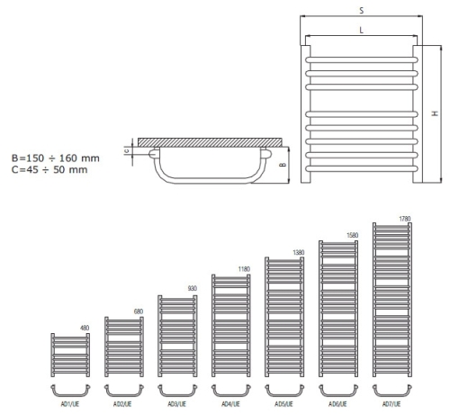 Radeco UMBERTO AD5-400/UE standard törölközőszárítós csőradiátor (795 W, fehér, 1380x450 mm)
