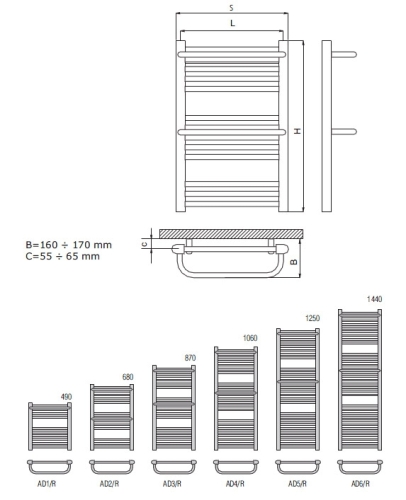 Radeco ROSA AD5-600/R standard törölközőszárítós csőradiátor (963 W, fehér, 1250x650 mm)
