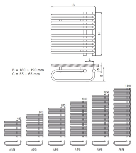 Radeco GAIA A5/G standard törölközőszárítós csőradiátor (1520 W, fehér, 1250x500 mm)