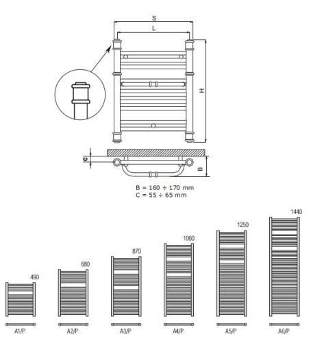 Radeco RETRO A3-400/P/CR design törölközőszárítós csőradiátor (360 W, fehér, 870x435 mm)