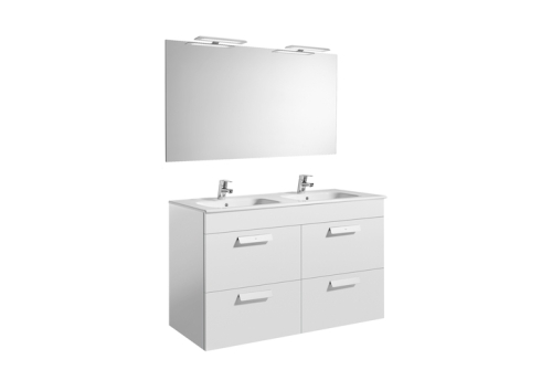 Roca Pack Debba Standard alsószekrény négy fiókkal, dupla mosdóval, tükörrel és spotlámpával LED, fehér A855989806