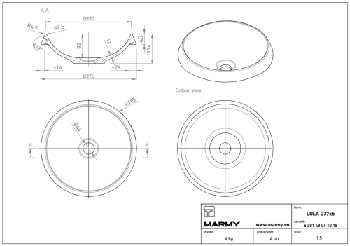 Marmy LOLA 37 cm öntöttmárvány mosdó, fehér 6 301 48 04 10 18 (K)