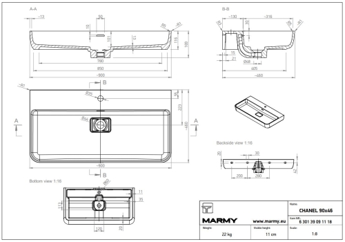 Marmy CHANEL 90x46 cm öntöttmárvány mosdó, fehér 6 301 39 09 11 18 (K)