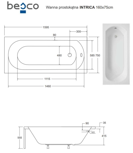Besco INTRICA 160x75 cm egyenes kád, fehér WAIN-160-PK