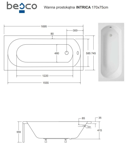 Besco INTRICA 170x75 cm egyenes kád, fehér WAIN-170-PK