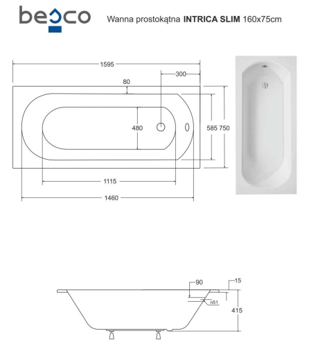 Besco INTRICA SLIM 160x75 cm egyenes kád, fehér WAIN-160-SL