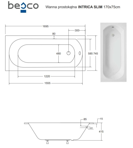 Besco INTRICA SLIM 170x75 cm egyenes kád, fehér WAIN-170-SL