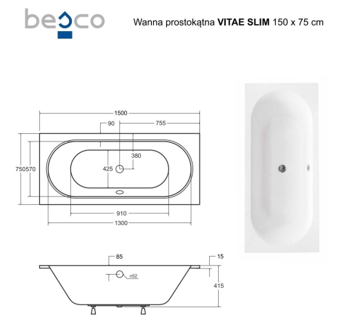 Besco VITAE SLIM 150x75 cm egyenes kád, fehér WAV-150-SL
