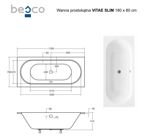 Besco VITAE SLIM 180x80 cm egyenes kád, fehér WAV-180-SL