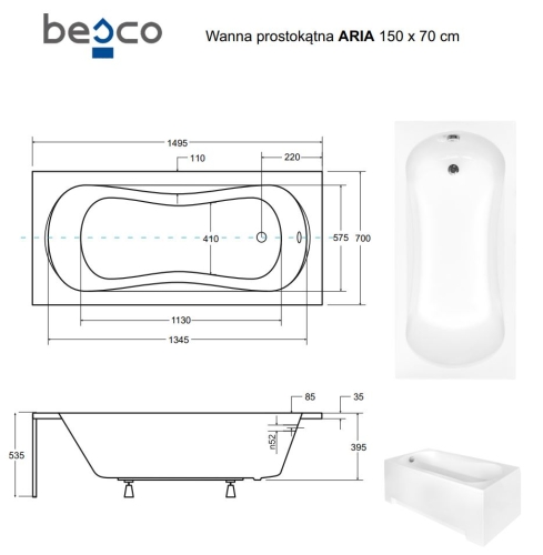 Besco ARIA PLUS 150x70 cm egyenes kád Standard kapaszkodóval, fehér WAA-150-PU