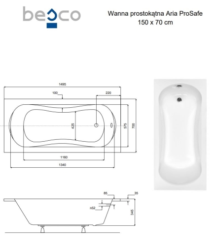 Besco ARIA PROSAFE 150x70 cm alacsony egyenes kád, fehér WAA-150-PS