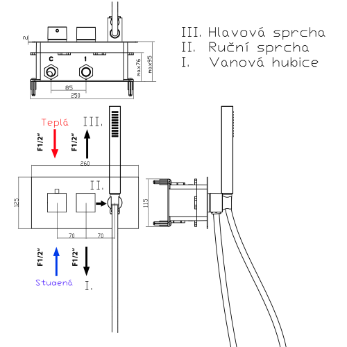 Sapho LATUS Falba süllyesztett termosztátos kádtöltő csaptelep, 3-irányú váltóval, zuhanyszettel, króm (1102-43)