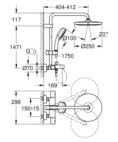 Grohe Tempesta Cosmopolitan System 250 Termosztátos zuhanyrendszer kádtöltővel falra szerelésre 26672000