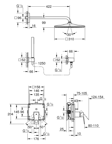 Grohe Eurocube zuhanyrendszer Rainshower Mono 310 Cube fejzuhannyal 25238000
