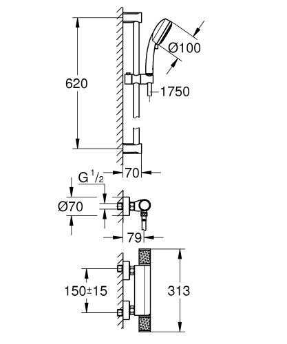 Grohe Grohtherm 1000 Performance termosztátos zuhanycsaptelep zuhanygarnitúrával 34783000