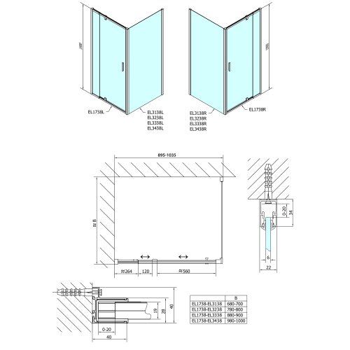POLYSAN EASY LINE nyílóajtó oldalfallal, 90-100x80 cm, BRICK üveg EL1738EL3238