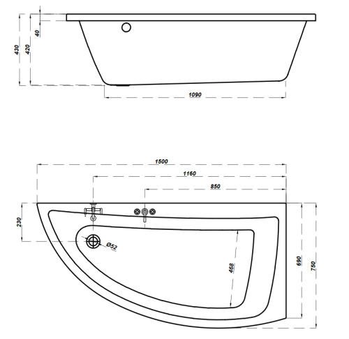 Cersanit Nano 150x75 cm-es aszimmetrikus kád kádlábbal jobbos S301-063