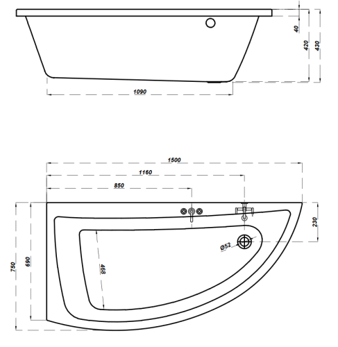 Cersanit Nano 150x75 cm-es aszimmetrikus kád kádlábbal balos S301-064