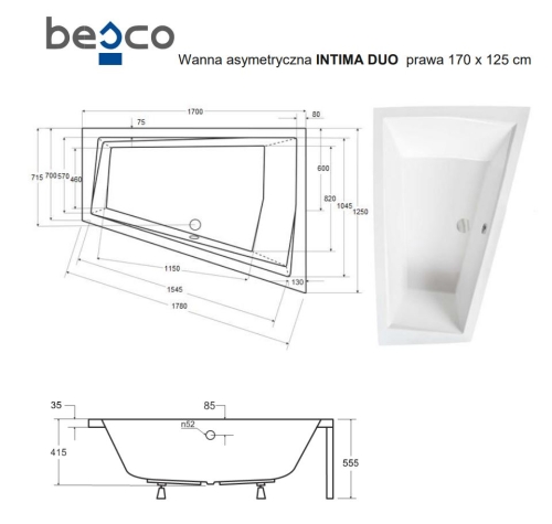 Besco INTIMA DUO 170x125 cm jobbos aszimmetrikus kád, fehér WAID-170-NP