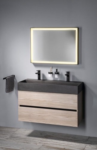 Sapho QUADRADO 96x44cm beton mosdó lefolyóval és 2 csaplyukkal, szürke gránit AR473